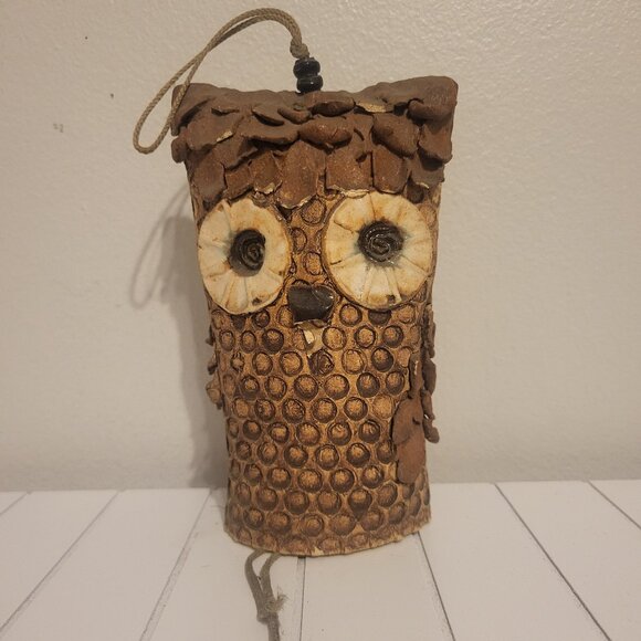 Studio Art Pottery Hanging Owl Wind Chime Decor Brown Garden Home Boho 7" high - Picture 1 of 11